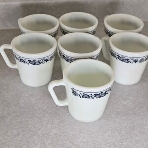 Vintage‎ Pyrex Mugs Set of 8 White Milk Glass Coffee Cups Floral
